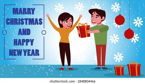 A man give a gift box his friend and he hand with gift box and stow background mary christmas and happy new year