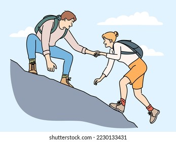 Man give hand to woman climbing together on mountain. Male hiker or climber help female friend with hiking on hill. Vector illustration. 