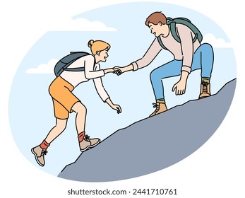 Man give hand to woman climbing together on mountain. Male hiker or climber help female friend with hiking on hill. Vector illustration.