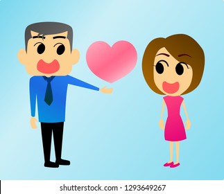 A man give a heart symbol to a woman with smile together. 