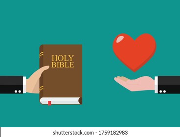 Man give holy bible to others and receive love back. Vector illustration