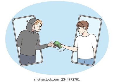 Man give money online to criminal in mask. Male client transfer cash on internet to hacker or bandit. Web fraud. Vector illustration.