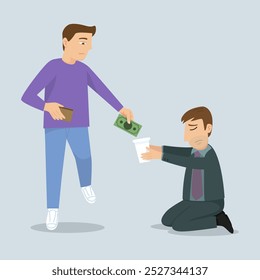 Un hombre da dinero a un pobre empresario mendigo sin hogar. Plano, Vector, ilustración, dibujos animados, EPS10.
 