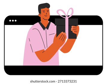 Hombre da caja de regalo de la pantalla del teléfono recompensa en línea