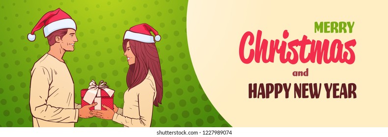 man give present gift box to smile woman happy new year merry christmas holiday celebration concept flat horizontal vector illustration