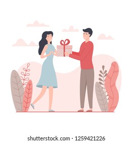 Man give a present to a woman for valentine's day.  Happy Valentines Day design. Flat vector illustration.