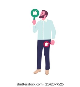 Man give review rating and feedback. Holding in hands like rating Icons. Customer choice. Hand drawn colored vector flat illustration