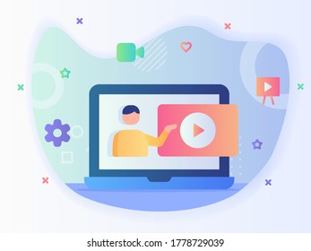 Man give tutorial video online in laptop screen concept mentoring video course with flat style.
