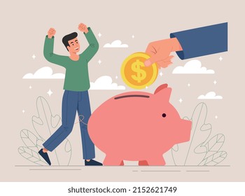 Der Mann gab Münze. Große Hand bringt Geld in Sparschwein. Metapher von Ersparnissen und Finanzkompetenz, passivem Einkommen und Gehalt. Erhöhung des Einkommens und des Haushaltskonzepts. Cartoon-Flavektor-Vektorgrafik