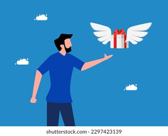man was given a gift box that flew. Online happiness delivery service or transportation and logistics concept
