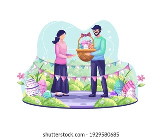 Man gives a basket full of easter eggs to a girl. A couple celebrates Easter day. vector illustration