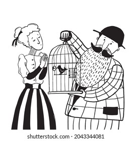 man gives a bird in the cage to a woman as a present, ink art illustration, vector vintage clipart with cartoon characters good for print and card design