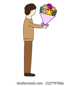 A man gives a bouquet of flowers