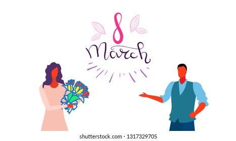 man gives bouquet of flowers to woman happy women day 8 march holiday celebration concept male female characters portrait white background horizontal greeting card sketch