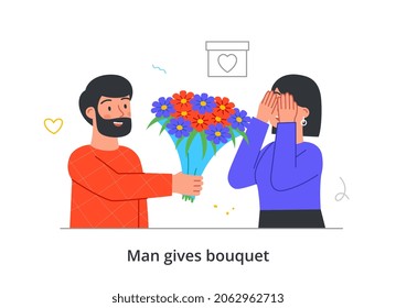 Man gives bouquet. Husband makes surprise to his wife, surprise gift. March 8, valentines day. Man holds out flowers to girl. Couple in love, romance, holiday. Cartoon flat vector illustration