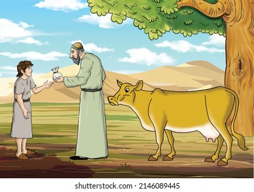 man gives a boy a bag of money with a cow behind him