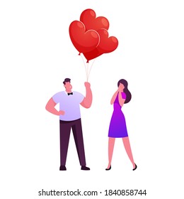 El hombre da un montón de globos en forma de corazón a una joven atractiva. Hermoso Pareja Sonriente Caracteres Propuesta Romántica, Saludo De San Valentín, Citas. Ilustración de vectores de personas de caricatura