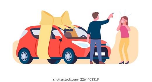 Man gives car to happy surprised woman. Expensive present. Automobile with ribbon bow. Dealer gifting transport to lottery winner. Agent selling vehicle. Holiday prize