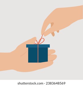 Man gives a Christmas gift box to his woman. Christmas gift passes from hand to hand. Concept of a people celebrating New Year's or Valentine's Day with presents and love. Vector illustration