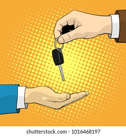 Man gives the client a key from the car. Car rental, car sales concept in the pop art style