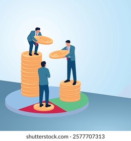 A man gives a coin to his friend in another pie chart. Illustration of profit, dividend, and shareholder distribution.