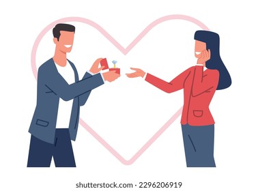 Man gives diamond ring to woman he loves, guy proposes to his girlfriend. Girl and boy engagement. People together. Cartoon flat isolated illustration. Vector love and relationship concept