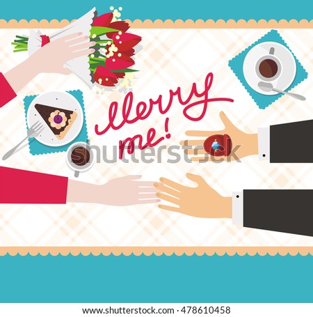 man gives an engagement ring to woman, top view, vector illustration     