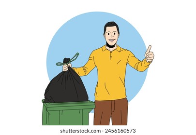 A man gives an example of throwing trash in the trash can and makes a thumbs-up gesture
