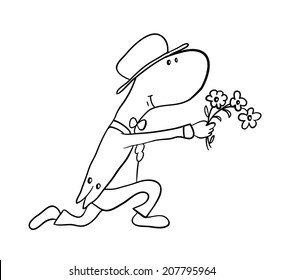 man gives flowers, contour vector illustration