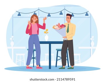 El hombre da flores. Pareja en el restaurante, cita romántica. Familia feliz, regalo inesperado, sorpresa. 8 de marzo o día de San Valentín. Lujosa escapada después del trabajo con novio. Dibujo vectorial plano de dibujos animados