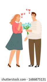 Man gives flowers. Girl boy in love. Happy couple, young people meeting. Dating or family vector illustration