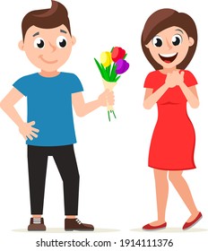 
A man gives flowers to a happy woman in a dress. Character, Valentines Day