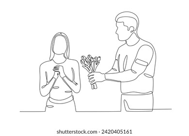 A man gives flowers to his girlfriend. Flowers for woman one-line drawing