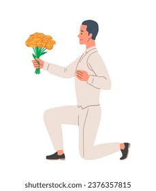 Man gives flowers scene. Young guy with bouquet of yellow plants. Romantic present and surprise. Wedding and marriage ceremony. Cartoon flat vector illustration isolated on white background