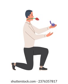 Man gives flowers scene. Young guy with rose and ring with diamond. Romantic present and surprise. Passion and love. Poster or banner. Cartoon flat vector illustration isolated on white background