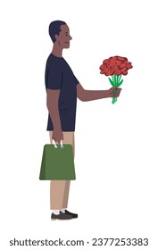 Man gives flowers scene. Young guy with bouquet of roses and gift bag. Romantic present and surprise. Poster or banner. Cartoon flat vector illustration isolated on white background