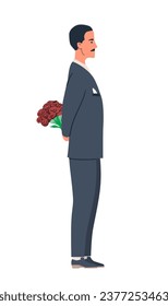 Man gives flowers scene. Young guy with bouquet of roses behind back. Romantic present and surprise. Poster or banner. Cartoon flat vector illustration isolated on white background