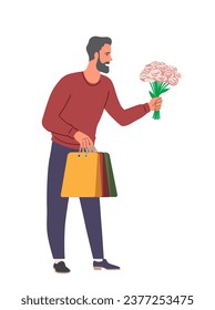 Man gives flowers scene. Young guy with bouquet and bags. Romantic present and surprise. Sticker for social networks and messengers. Cartoon flat vector illustration isolated on white background