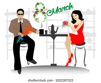 A man gives flowers to a woman in a cafe
