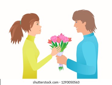 The man gives flowers to the woman on an appointment. Happy valentines day. Vector illustration EPS-8.