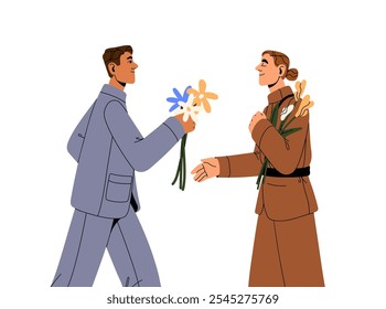 El hombre da flores a la mujer soldado, gracias por la victoria. Persona feliz presenta ramo, felicita con final de guerra. Las Personas celebran el Día de la Memoria. Ilustración vectorial aislada plana sobre fondo blanco