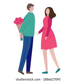 Man gives flowers to woman. Young man giving to woman bouquet of flowers for Valentine's day. Happy romantic couple in love. Vector flat cartoon illustration isolated on a white background.