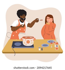 Man gives food to his wife or girlfriend to taste. Happy smiling couple cooks in the kitchen. Cheerful man feeds woman from a spoon. People trying each others cooking. Cartoon vector illustration.