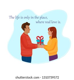 Man gives a gift box to woman looking at her  with sympathy. Vector illustration with texture. Cartoon characters for the feast of Saint Valentine, Woman's Day with text