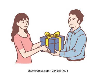 Un hombre le da una caja de regalo a una mujer. Ilustraciones de diseño de Vector de estilo dibujado a mano.