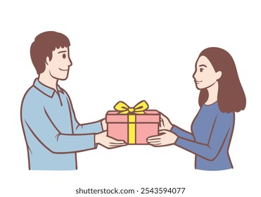 Un hombre le da una caja de regalo a una mujer. Ilustraciones de diseño de Vector de estilo dibujado a mano.