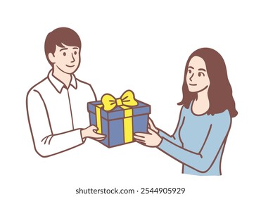 Un hombre le da una caja de regalo a una mujer. Ilustraciones de diseño de Vector de estilo dibujado a mano.