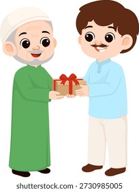 Hombre da regalo a anciano
