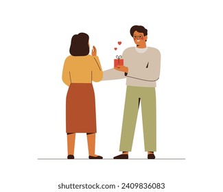 Man gives a gift to girlfriend with love and flying hearts. Woman gets a surprise box from guy on birthday. Young white couple hug and smiling to each other on Valentine Day. Vector illustration