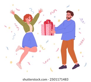 Man gives gift to happy woman. Birthday festive mood, celebrating birthday party, couple with present box flat vector illustration. Birthday or anniversary celebration